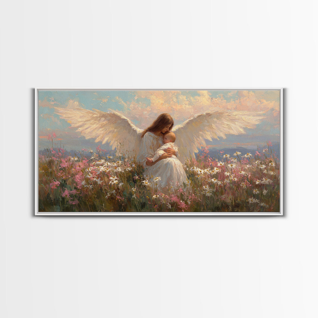 Angel Mother Nursing Baby Among Wildflowers Framed Canvas Print, Spiritual Wall Art, Christian Nursery Decor, Gift For Mom