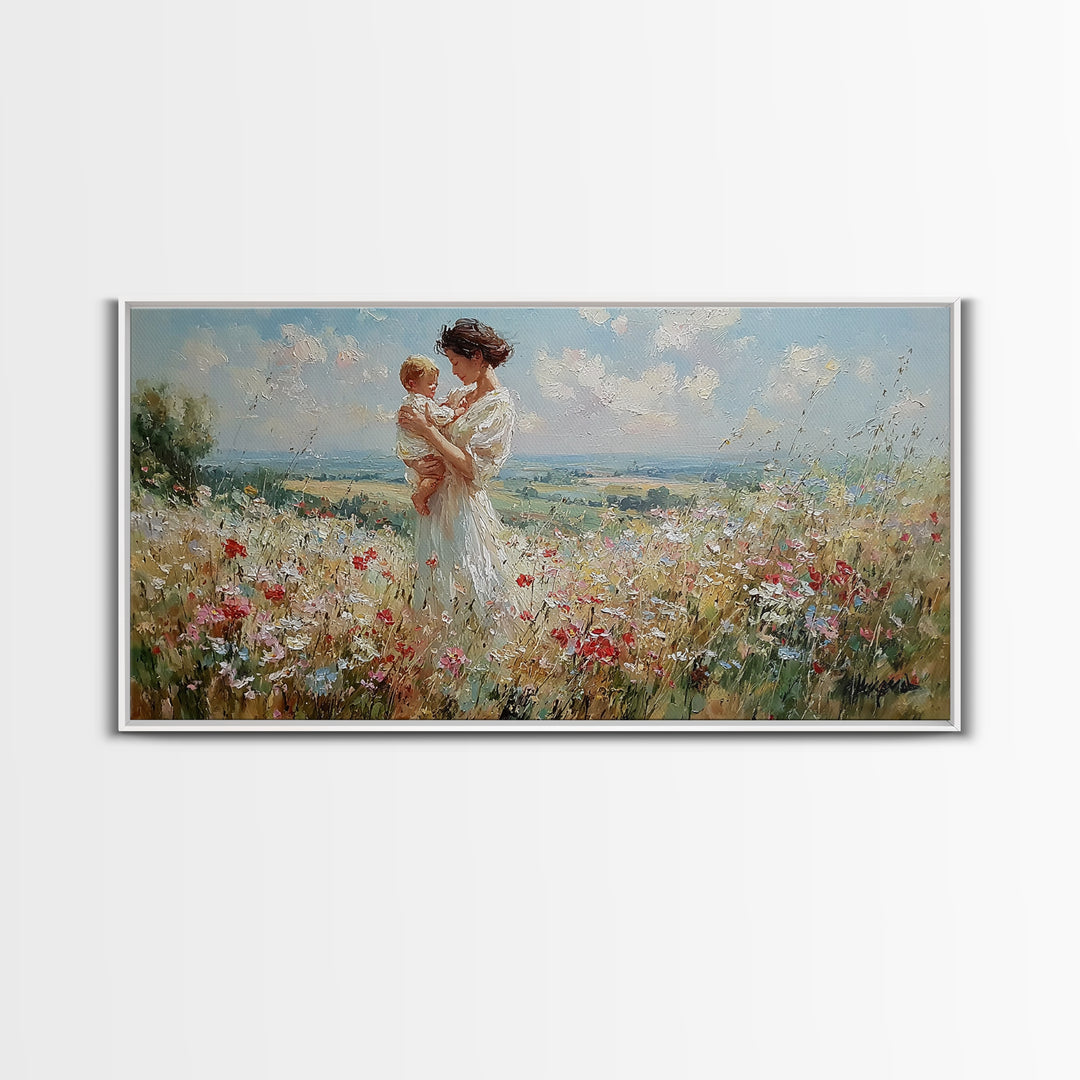 Mother And Toddler In Blooming Meadow Canvas Print, Impressionist Wall Art, Floral Nursery Decor, Living Room Wall Art Print