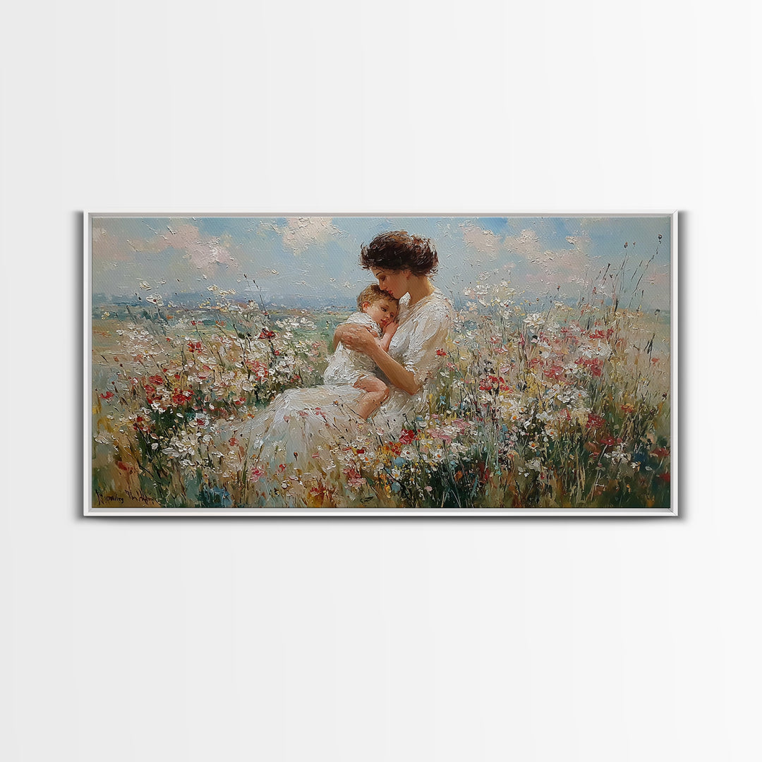 Seated Mother Holding Sleeping Child In Flower Field Canvas Print, Impressionist Wall Art, Nursery Decor, Housewarming Gift