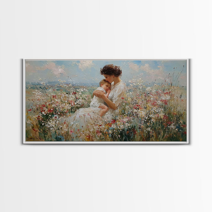 Seated Mother Holding Sleeping Child In Flower Field Canvas Print, Impressionist Wall Art, Nursery Decor, Housewarming Gift