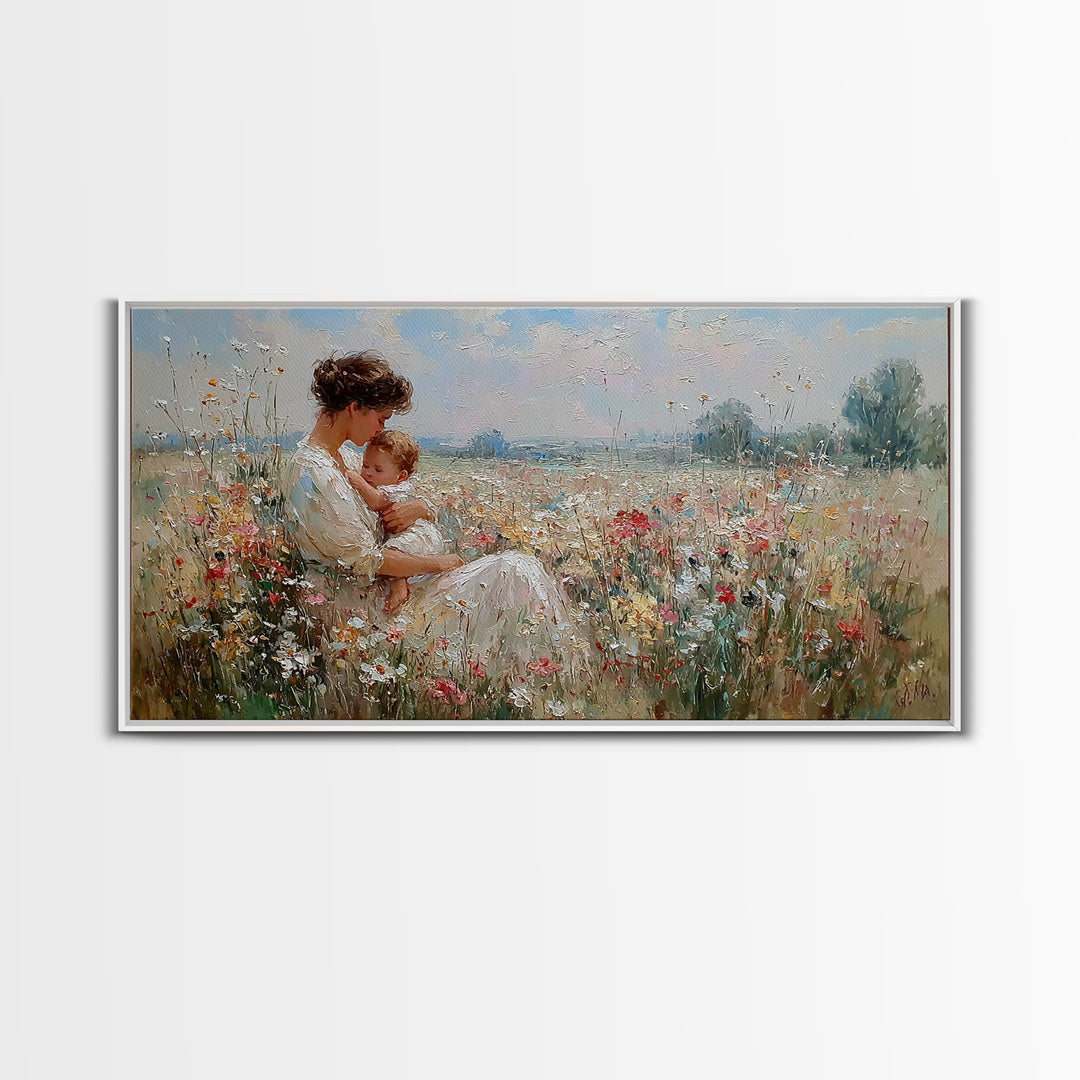 Mother And Baby Resting In Wildflower Meadow Framed Canvas Print, Impressionist Wall Art, Floral Nursery Decor, Gift For Her