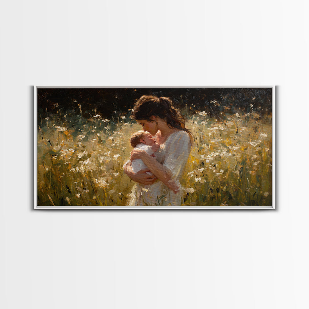 Tender Mother And Baby In White Wildflower Meadow Canvas Print, Impressionist Nursery Wall Art, Gift For Mom, Bedroom Decor