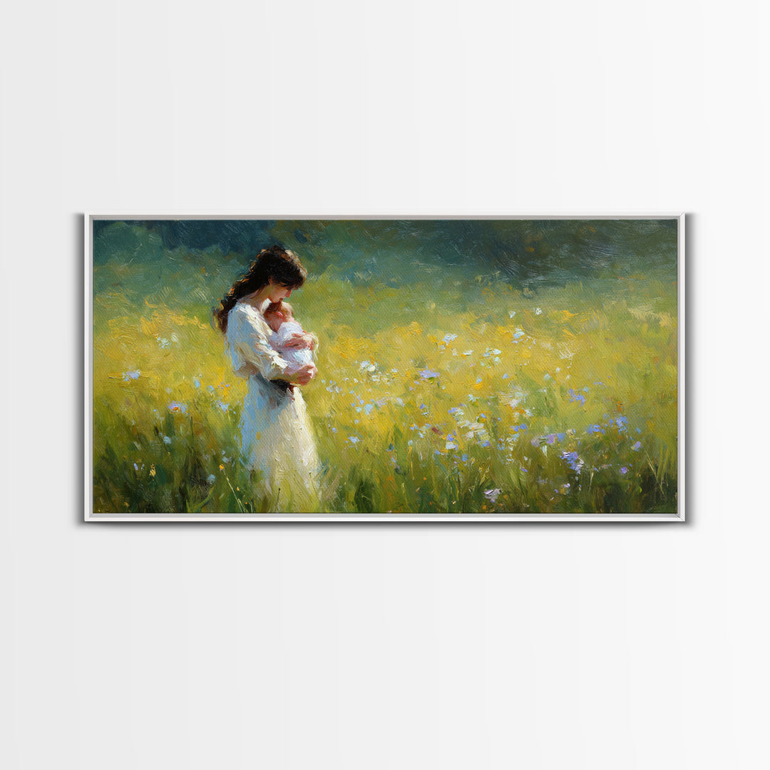 Mother Holding Newborn In Sunny Wildflower Field Framed Canvas Print, Impressionist Wall Art, Nursery Decor, Gift For Mom