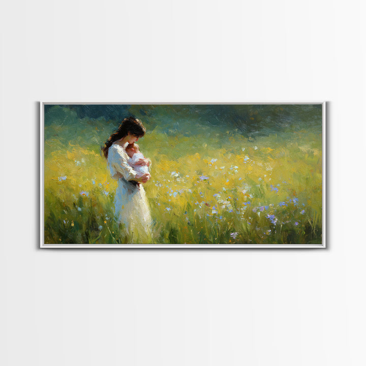 Mother Holding Newborn In Sunny Wildflower Field Framed Canvas Print, Impressionist Wall Art, Nursery Decor, Gift For Mom