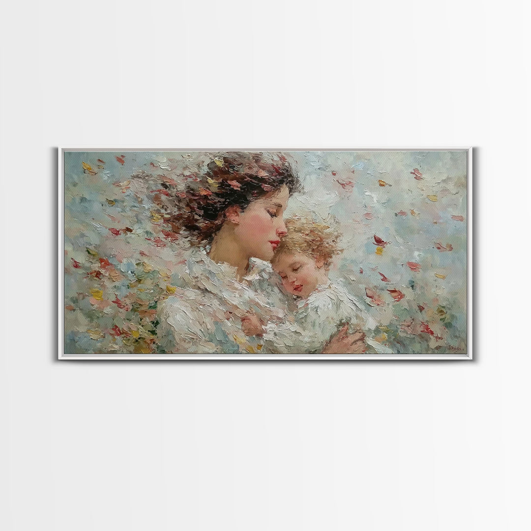 Windblown Mother And Sleeping Child With Petals Canvas Print, Feminine Wall Art, Impressionist Nursery Decor, Gift For Her