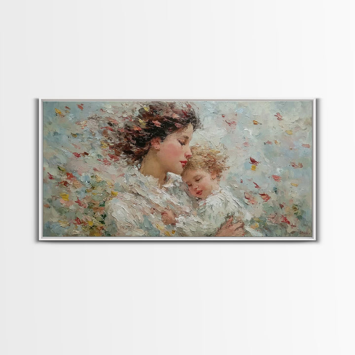 Windblown Mother And Sleeping Child With Petals Canvas Print, Feminine Wall Art, Impressionist Nursery Decor, Gift For Her