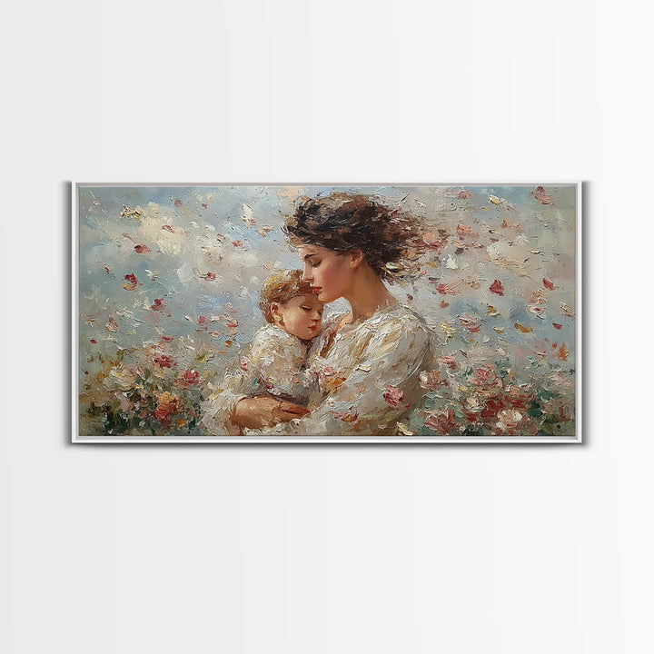 Mother Embracing Child In Blossoming Garden Wall Art, Impressionist Framed Canvas Print, Romantic Floral Decor, Gift For Mom
