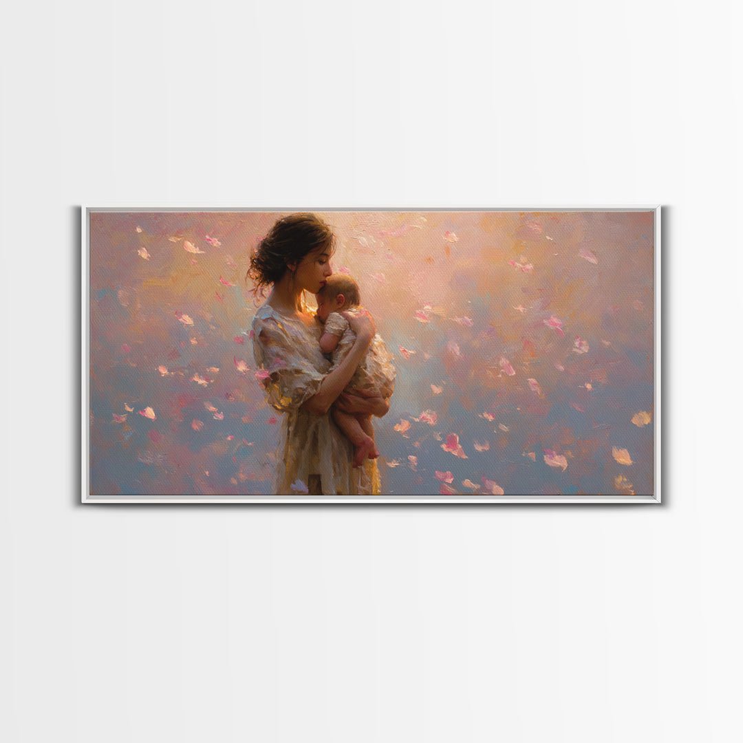 Soft Pink Mother And Baby At Sunset Canvas Print, Romantic Nursery Wall Art, Feminine Bedroom Decor, Beautiful Gift For New Mom