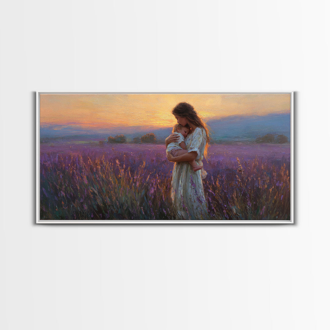 Mother Cradling Child In Lavender Sunset Field Canvas Print, Romantic Wall Art, Impressionist Bedroom Decor, Gift For Her