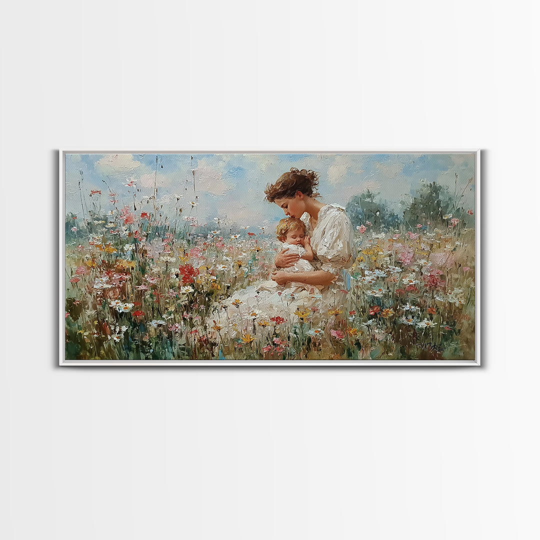 Mother And Baby In Wildflower Meadow Canvas Print, Impressionist Floral Nursery Wall Art, Gift For Mom, Motherhood Decor