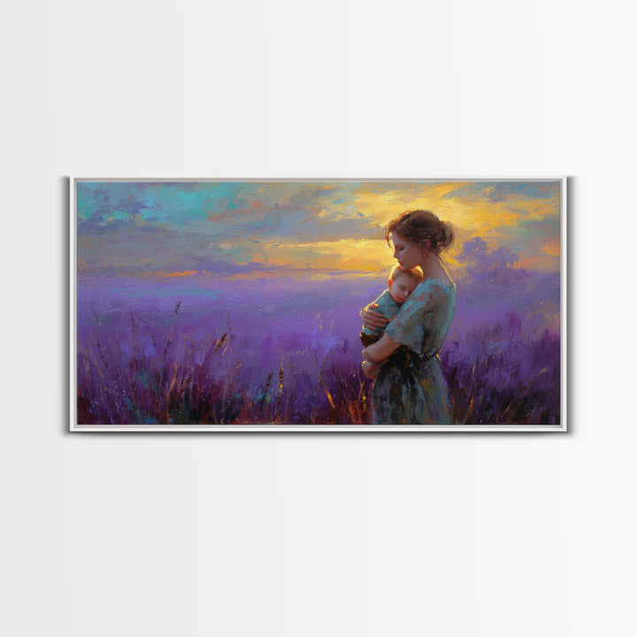 Mother Holding Baby In Lavender Sunset Canvas Print, Purple Field Wall Art, Motherhood Gift, Calming Nursery Bedroom Decor