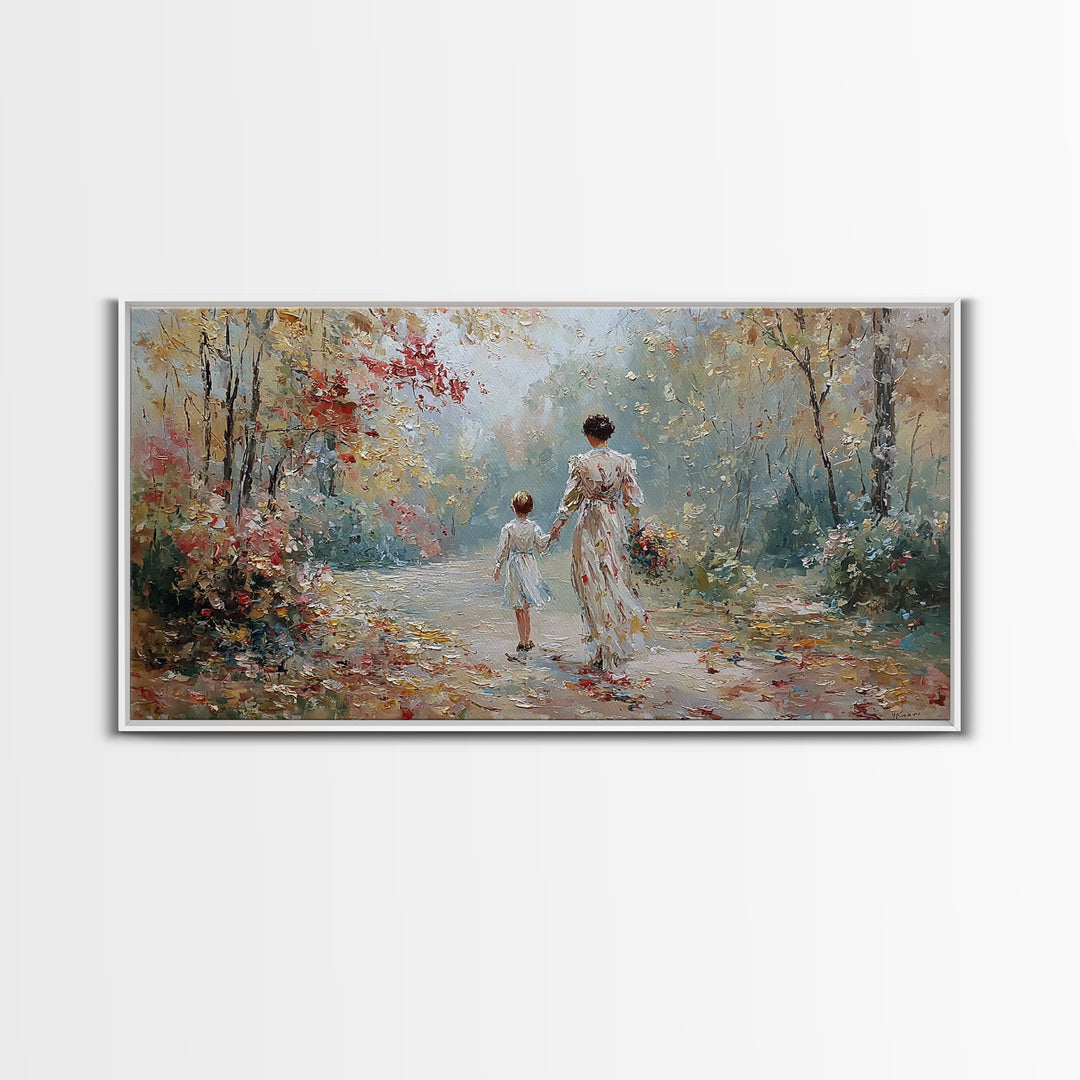 Mother And Child Walking Floral Woodland Path Wall Art, Impressionist Autumn Canvas Print, Family Gift, Living Room Decor