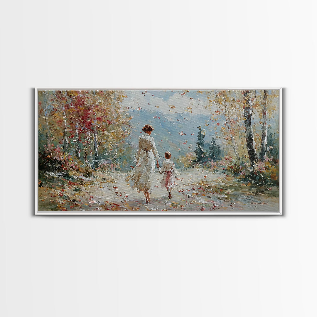 Mother And Child On Blossom Mountain Path Canvas Print, Impressionist Landscape Wall Art, Neutral Nursery Living Room Decor