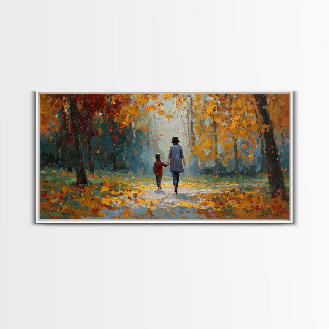 Mother And Child In Golden Autumn Park Framed Canvas Print, Fall Landscape Wall Art, Family Gift, Cozy Living Room Home Decor