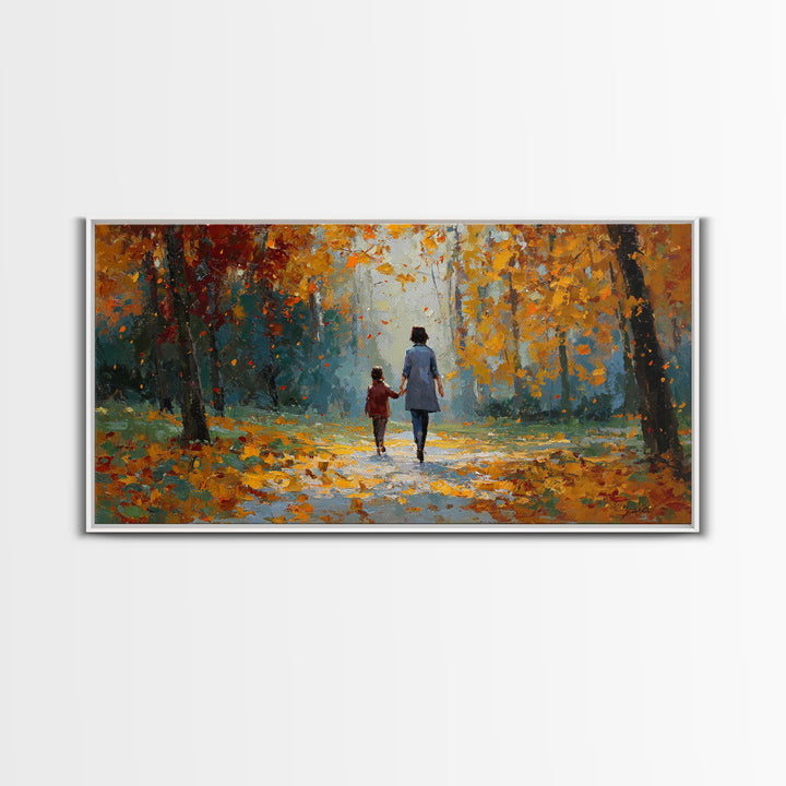 Mother And Child In Golden Autumn Park Framed Canvas Print, Fall Landscape Wall Art, Family Gift, Cozy Living Room Home Decor