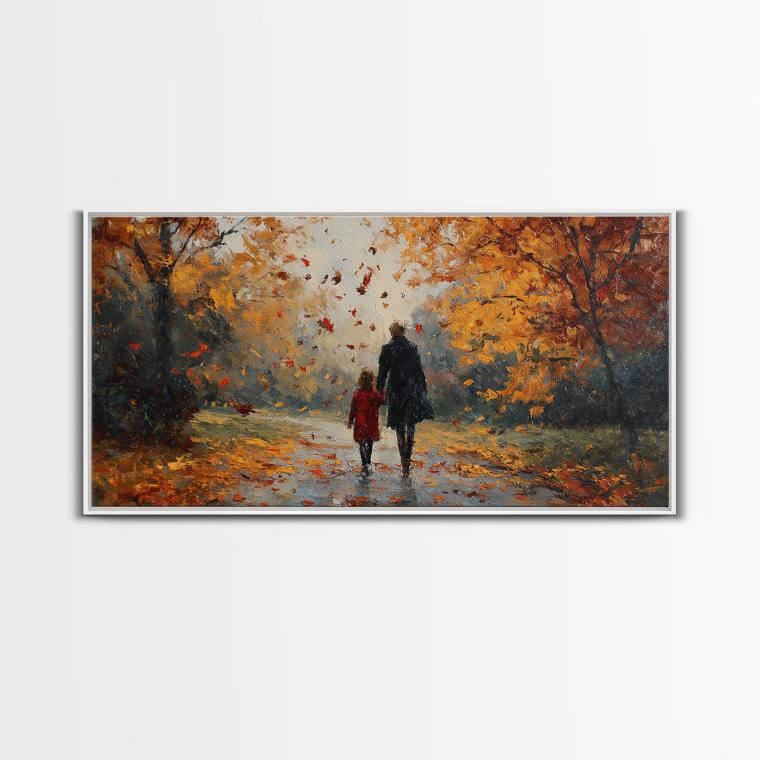 Father And Child In Orange Autumn Forest Wall Art, Impressionist Fall Canvas Print, Family Gift, Cozy Living Room Home Decor