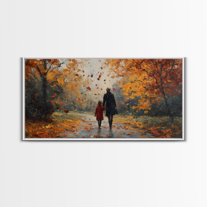 Father And Child In Orange Autumn Forest Wall Art, Impressionist Fall Canvas Print, Family Gift, Cozy Living Room Home Decor