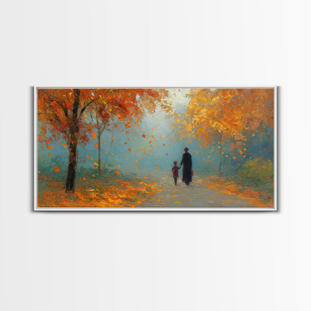 Father And Child Walking Orange Autumn Path Framed Canvas Print, Fall Forest Wall Art, Family Gift, Cozy Living Room Decor