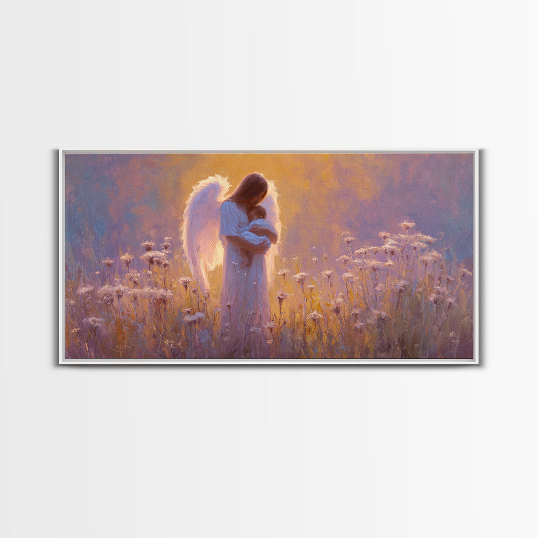Guardian Angel Holding Baby In Glowing Meadow Canvas Print, Spiritual Nursery Wall Art, Motherhood Gift, Christian Decor