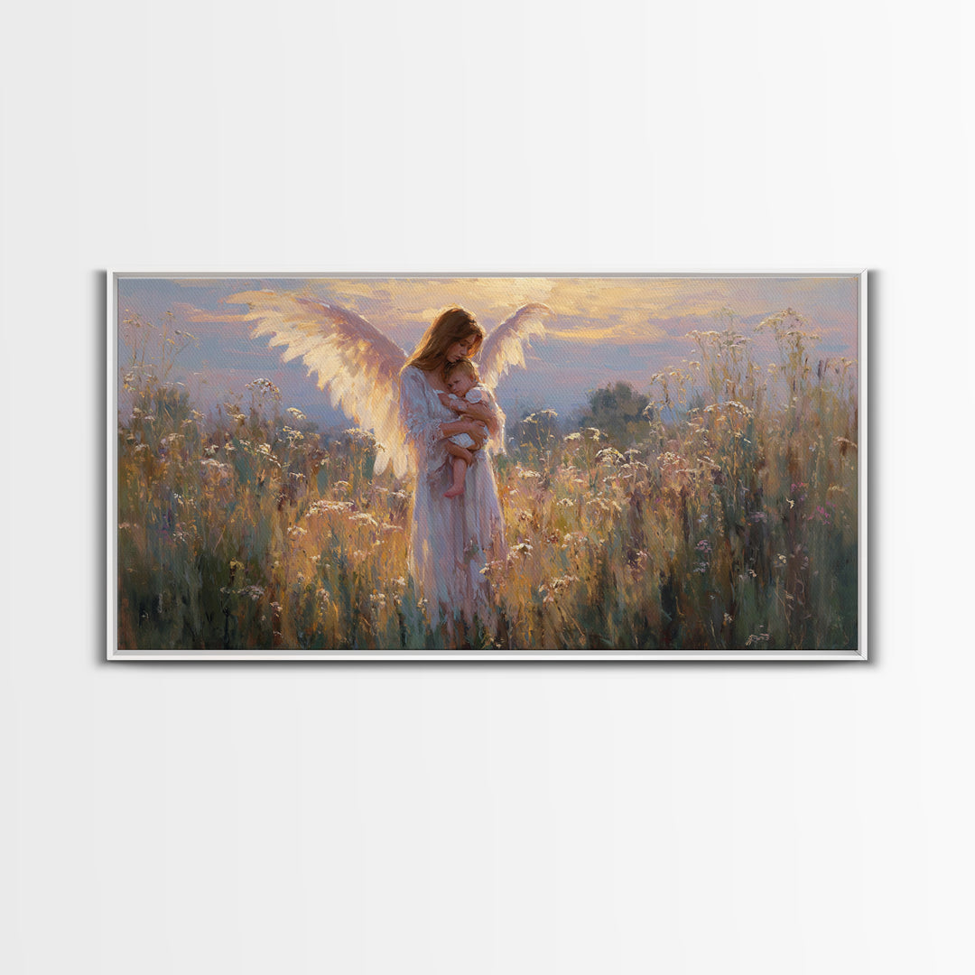 Guardian Angel Mother And Baby In Golden Wildflower Meadow Wall Art, Christian Nursery Decor, Motherhood Gift, Fine Art Print