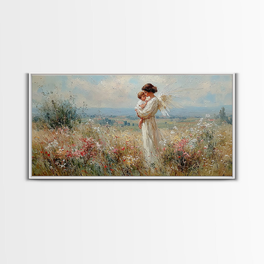 White Angel Mother And Child In Sunlit Wildflower Field Wall Art, Christian Home Decor, Serene Nursery Art Print Gift For Her