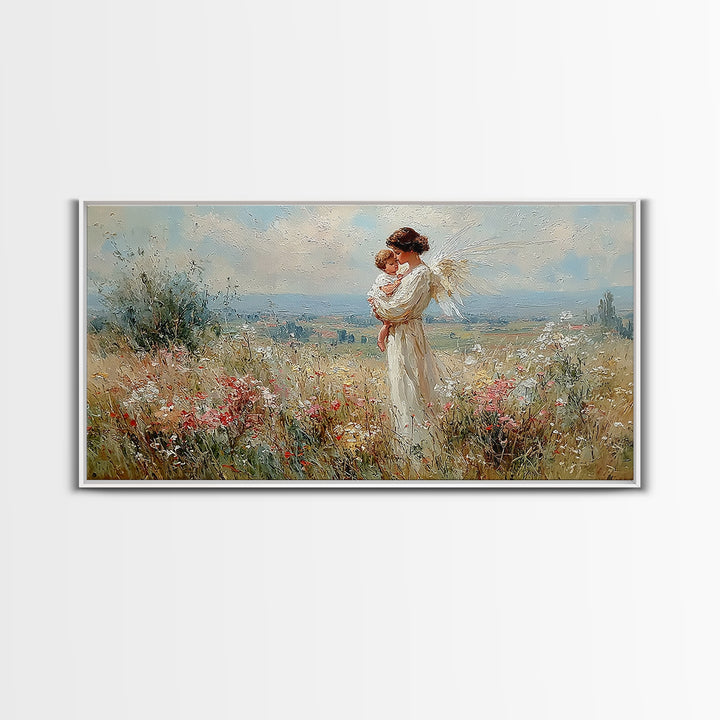 White Angel Mother And Child In Sunlit Wildflower Field Wall Art, Christian Home Decor, Serene Nursery Art Print Gift For Her