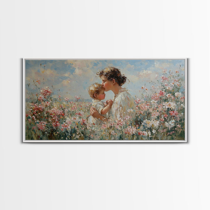 Mother Kissing Baby In Pink Wildflower Garden Wall Art, Impressionist Nursery Decor, Motherhood Gift, Feminine Art Print