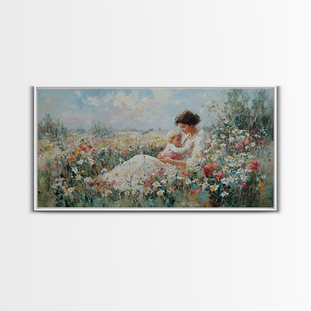Mother And Baby In Wildflower Meadow Wall Art, Impressionist Floral Landscape, Fine Art Print, Motherhood Gift Home Decor
