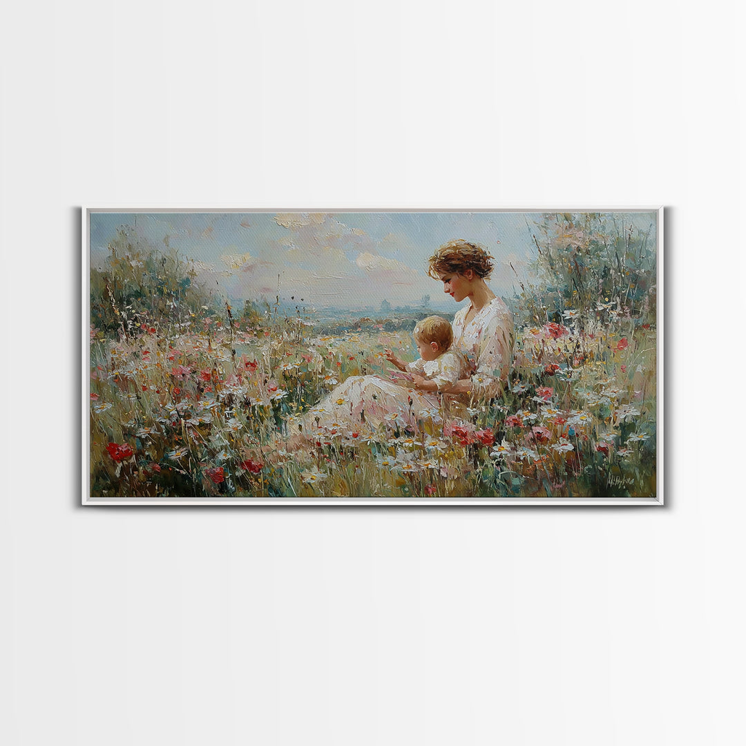 Seaside Wildflower Mother And Child Canvas Print, Impressionist Meadow Landscape, Mother's Day Gift, Living Room Home Decor