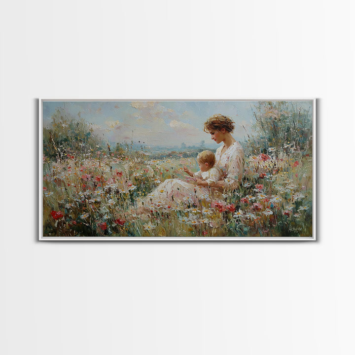 Seaside Wildflower Mother And Child Canvas Print, Impressionist Meadow Landscape, Mother's Day Gift, Living Room Home Decor