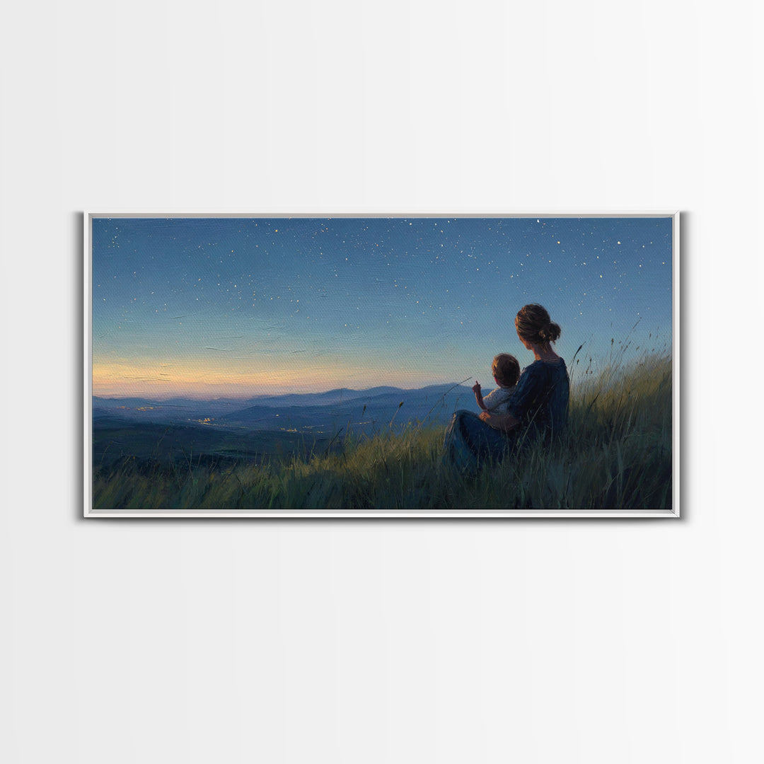 Mother And Child Under Starry Mountain Sky Canvas Print, Celestial Landscape, Blue Bedroom Art, Above Bed Decor, Gift For Her