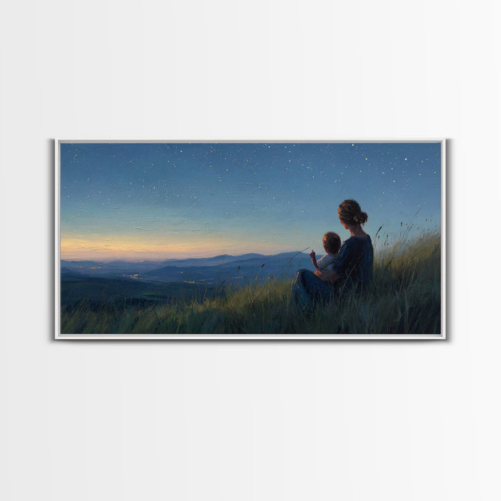 Mother And Child Under Starry Mountain Sky Canvas Print, Celestial Landscape, Blue Bedroom Art, Above Bed Decor, Gift For Her