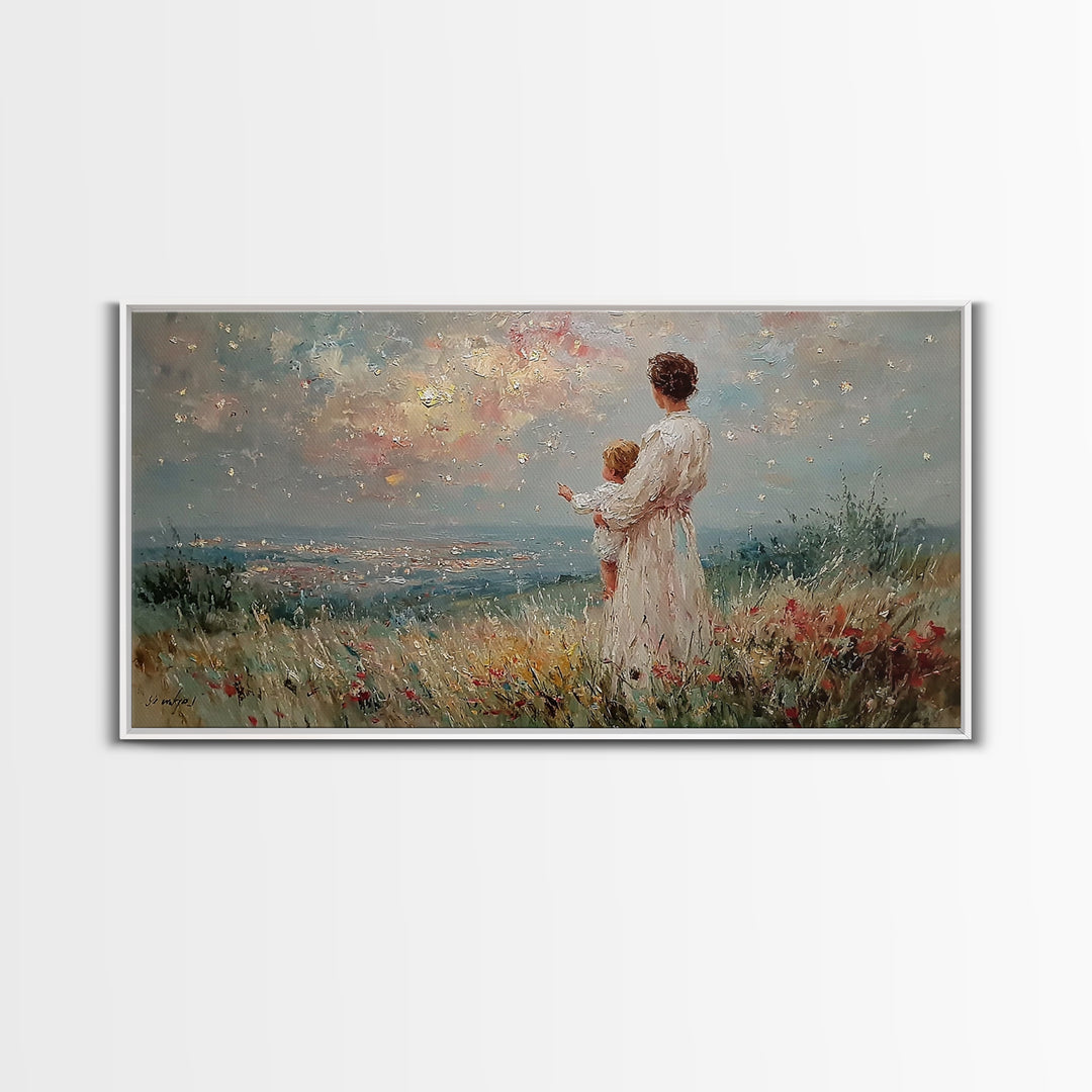 Mother Holding Baby At Sunset Meadow Framed Canvas Print, Romantic Floral Landscape, Fine Art Print, Nursery Wall Decor, Gift For Her