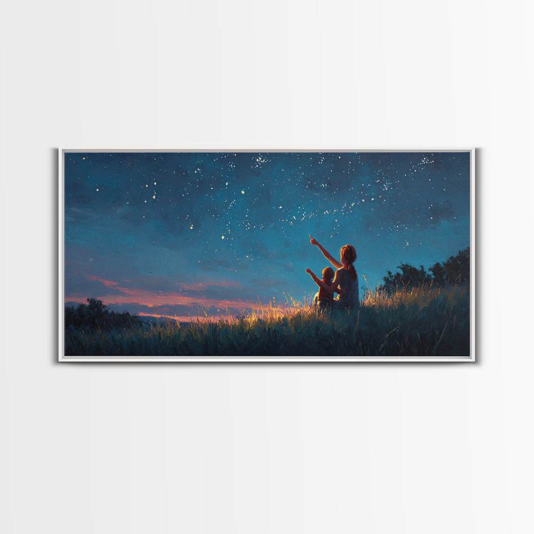 Mother And Child Pointing At Twilight Stars Canvas Print, Celestial Landscape, Blue Wall Art, Modern Bedroom Decor, Gift