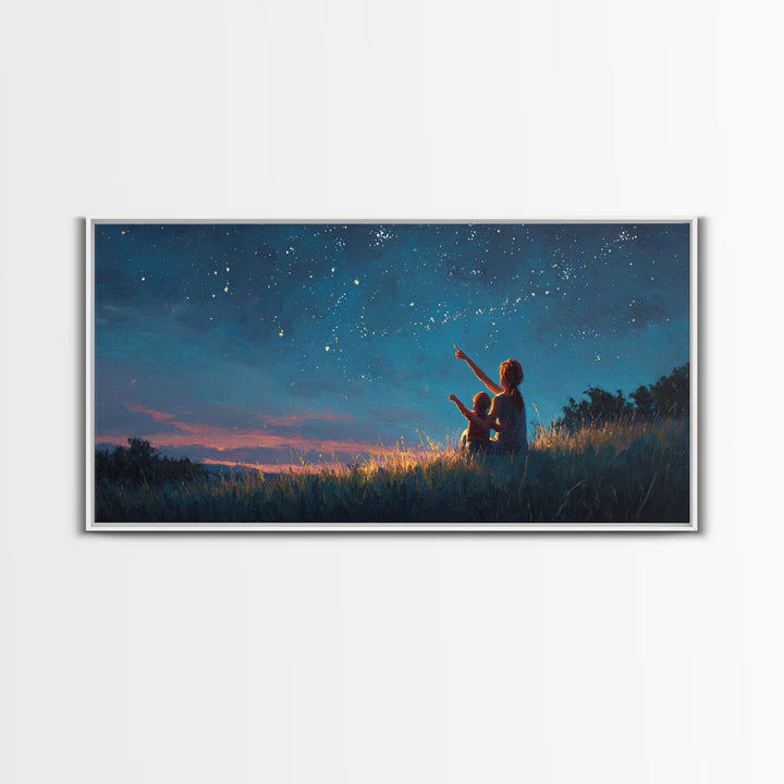Mother And Child Pointing At Twilight Stars Canvas Print, Celestial Landscape, Blue Wall Art, Modern Bedroom Decor, Gift