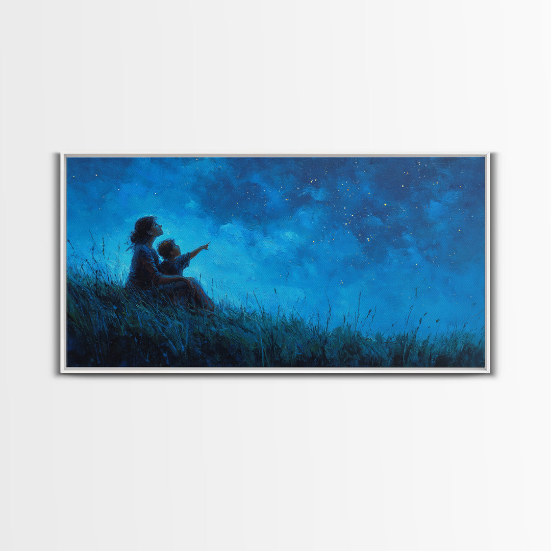 Mother And Child Beneath Deep Blue Starry Sky Wall Art, Celestial Landscape, Calming Bedroom Decor, Above Bed Print, Gift For Her