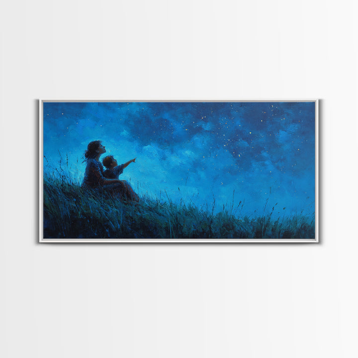 Mother And Child Beneath Deep Blue Starry Sky Wall Art, Celestial Landscape, Calming Bedroom Decor, Above Bed Print, Gift For Her