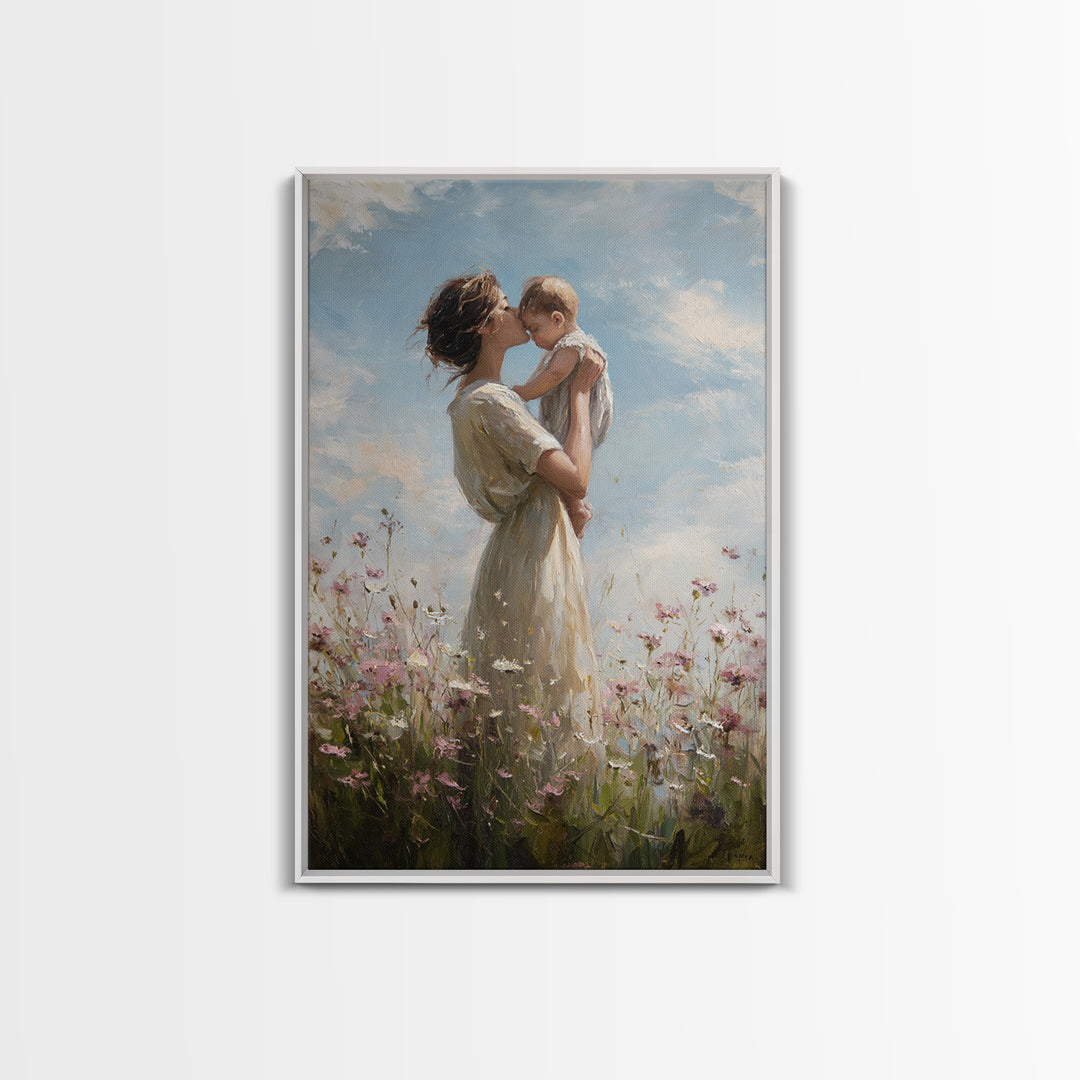 Mother Holding Baby In Wildflower Meadow Framed Canvas Print, Soft Sky Nursery Wall Art, Mothers Day Gift, Fine Art Print