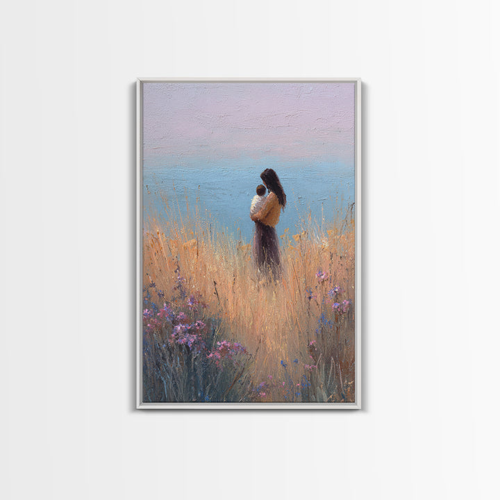 Mother And Baby By Ocean Grass Canvas Print, Pastel Coastal Wall Art, Peaceful Nursery Decor, Gift For Her, Minimalist Art