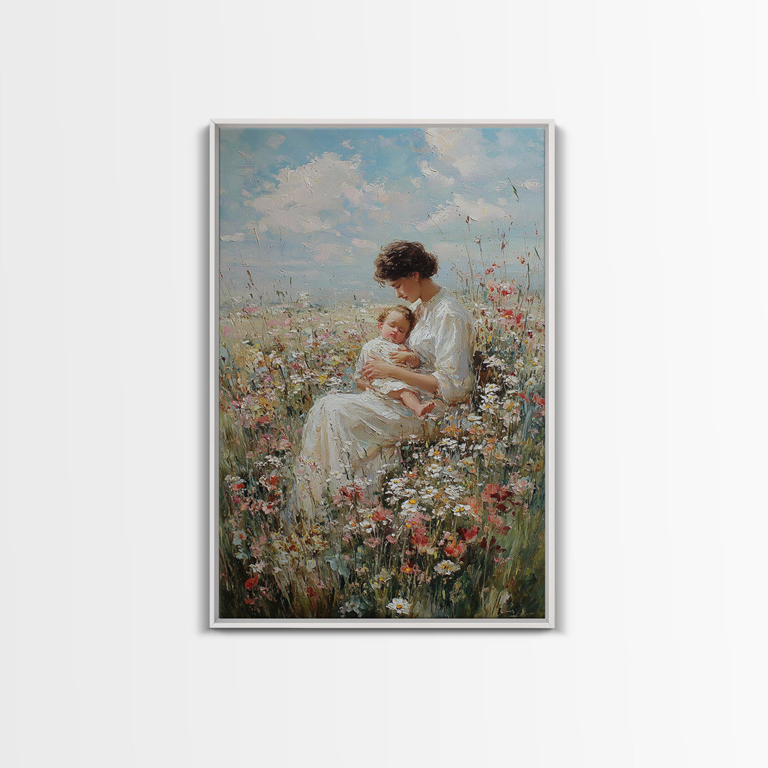 Seated Mother And Baby In Wildflowers Framed Canvas Print, Soft Floral Wall Art, Nursery Decor, Mothers Day Gift For Her