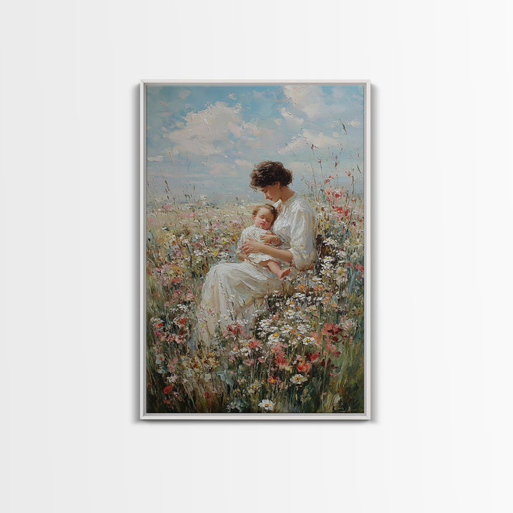 Seated Mother And Baby In Wildflowers Framed Canvas Print, Soft Floral Wall Art, Nursery Decor, Mothers Day Gift For Her
