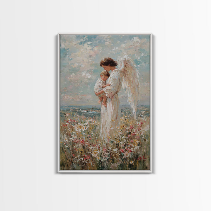 Guardian Angel Holding Child In Flower Meadow Wall Art, Christian Nursery Decor, Spiritual Canvas Print, Baptism Gift For Mom