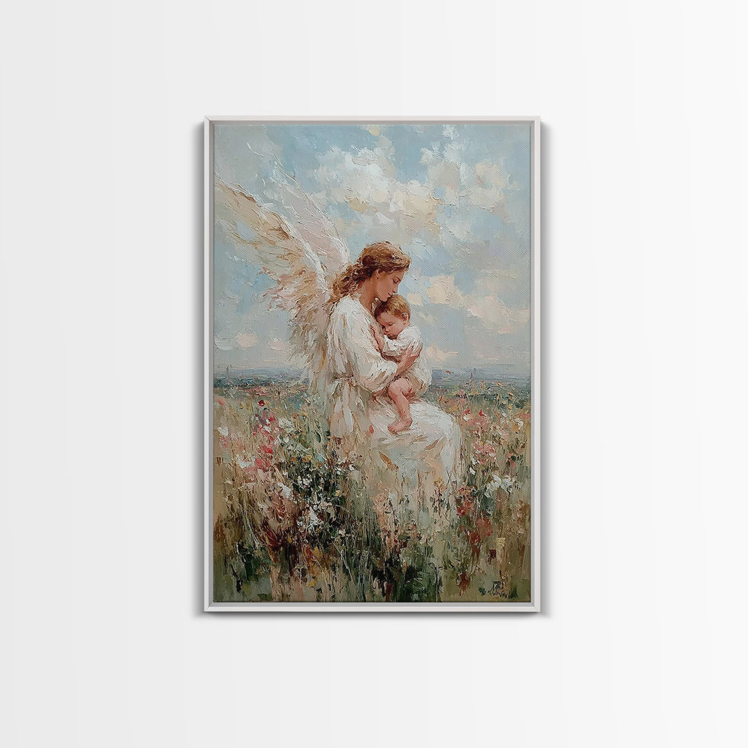 Angel Mother Cradling Baby In Wildflower Field Framed Canvas Print, Christian Wall Art, Nursery Decor, Spiritual Gift For Mom