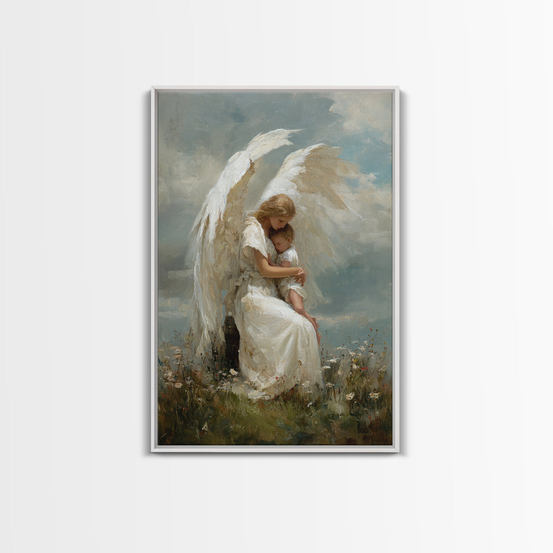 Winged Guardian Angel Embracing Baby Framed Canvas Print, Heavenly Christian Wall Art, Nursery Decor, Baptism Gift For Her