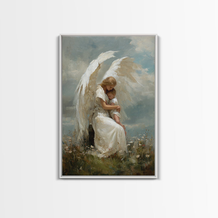 Winged Guardian Angel Embracing Baby Framed Canvas Print, Heavenly Christian Wall Art, Nursery Decor, Baptism Gift For Her