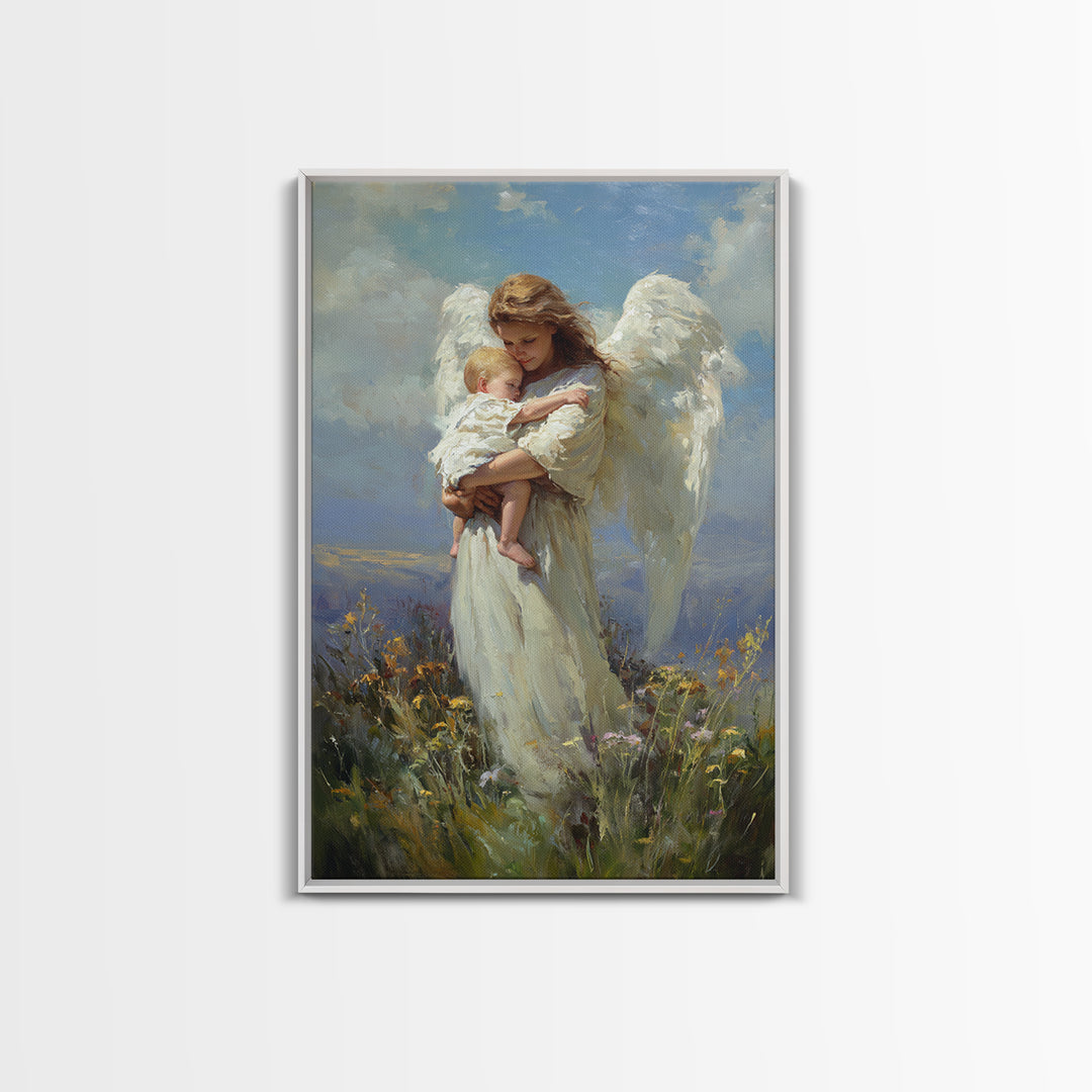 Angel Holding Sleeping Baby In Meadow Canvas Print, Serene Christian Wall Art, Nursery Decor, Guardian Angel Gift For Mom