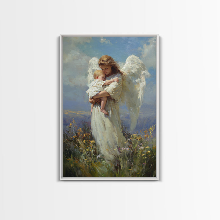 Angel Holding Sleeping Baby In Meadow Canvas Print, Serene Christian Wall Art, Nursery Decor, Guardian Angel Gift For Mom