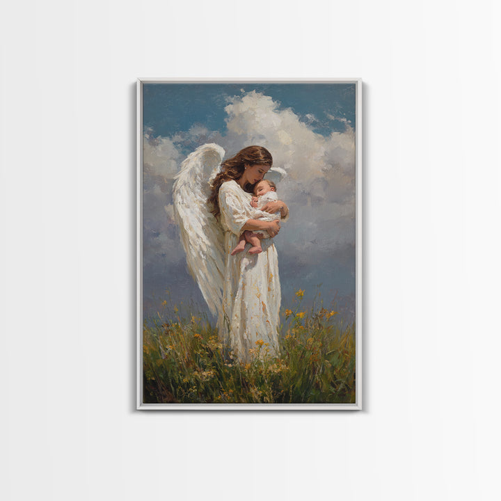 Guardian Angel Holding Newborn Under Clouds Wall Art, Christian Nursery Decor, Baptism Gift, Spiritual Framed Canvas Print