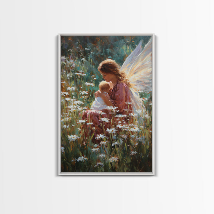 Fairy Mother And Baby In Daisy Garden Framed Canvas Print, Fantasy Wall Art, Nursery Decor, Whimsical Art Print, Gift For Her
