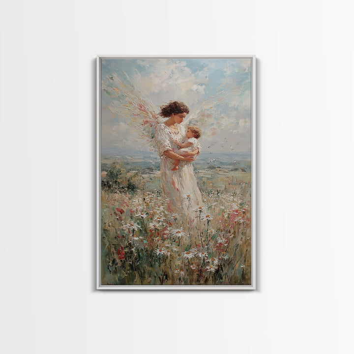 Angel Mother With Infant In Wildflower Meadow Canvas Print, Christian Wall Art, Nursery Decor, Spiritual Gift, Feminine Art